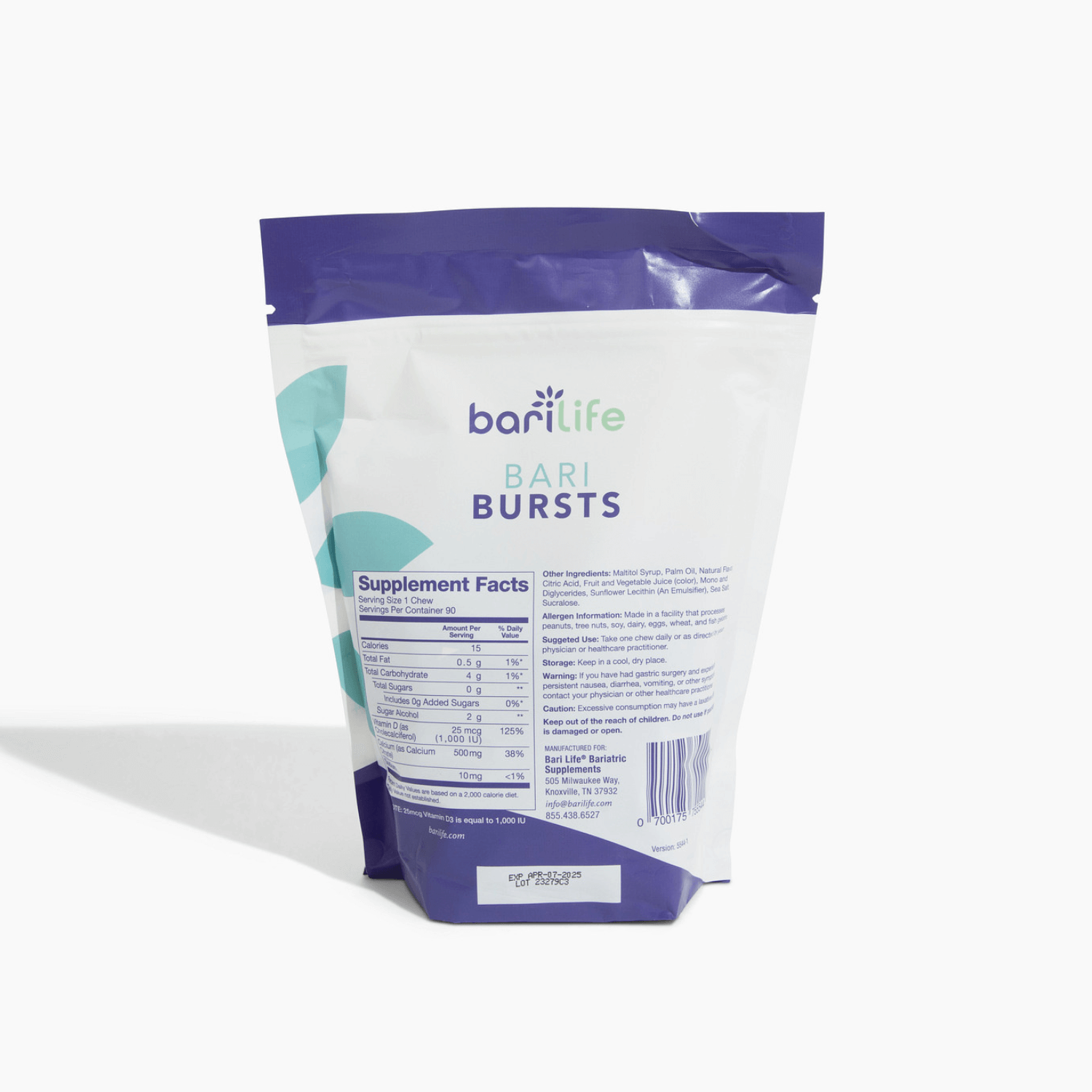 Bariatric Calcium Chews - BariBurst packaging featuring supplement facts and nutritional information.